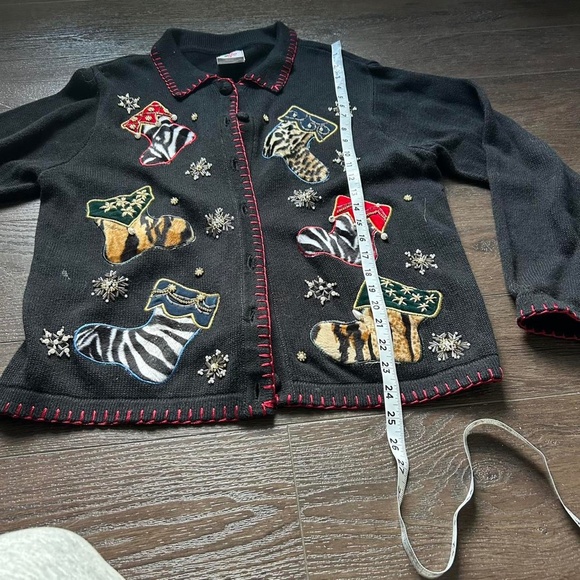 Knit Black Christmas sweater with animal, print stockings #uglychristmassweater - Picture 7 of 8